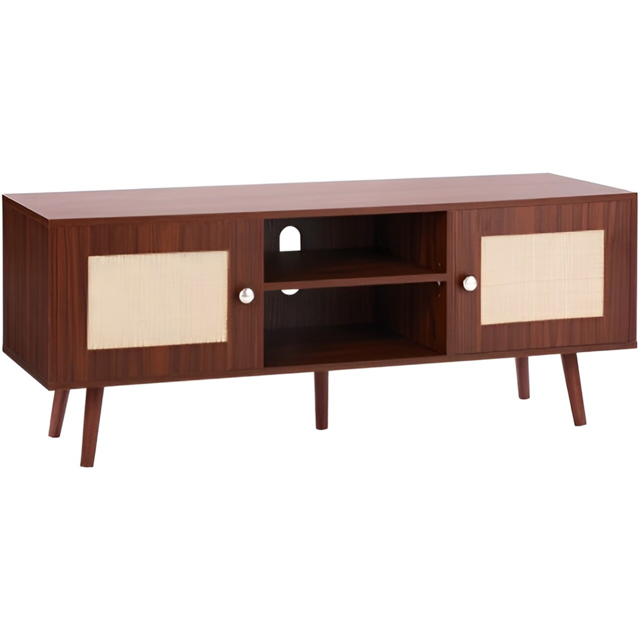 Rattan TV Stand for 55 Inch TV Bohemian Style Media Console with Storage Cabinets